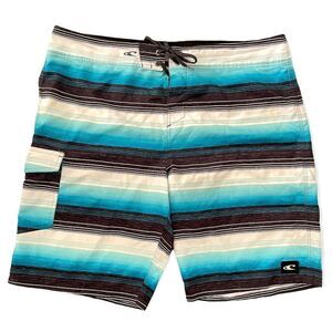 O’Neill Blue Striped Tie Front Cargo Pocket Board Swim Trunks Shorts Size 38
